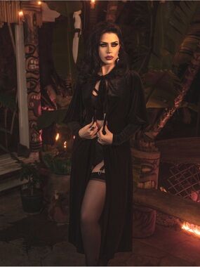 Lively Ghosts Morticia Duster Long Black Velvet Tie-Front Cape Robe Goth Witchy